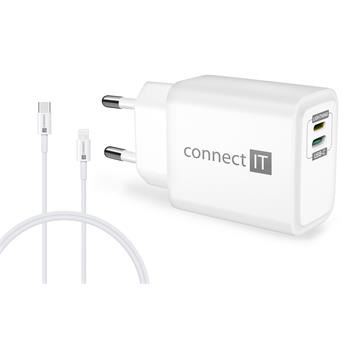 CONNECT IT DUPLEX Nabjec adaptr 1xLightning + 1USB-C, 20W, kabel 27W, BL