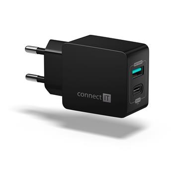 CONNECT IT Fast Charge nabíjecí adaptér 1xUSB-A + 1xUSB-C, 3,4A, černý