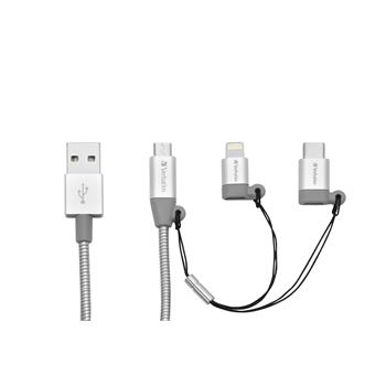 VERBATIM 3-IN-1 USB-C / LIGHTNING / MICRO B STAINLESS STEEL SYNC & CHARGE CABLE 100CM SILVER