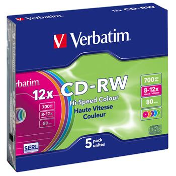 VERBATIM CD-RW SERL 700MB, 12x, colour, slim case 5 ks