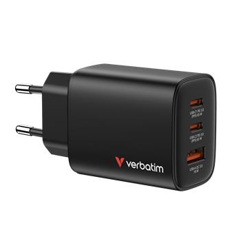 VERBATIM Essentials GaN nabjeka 65W - 2x USB-C PD 65W / 1x USB-A QC 3.0 - ern