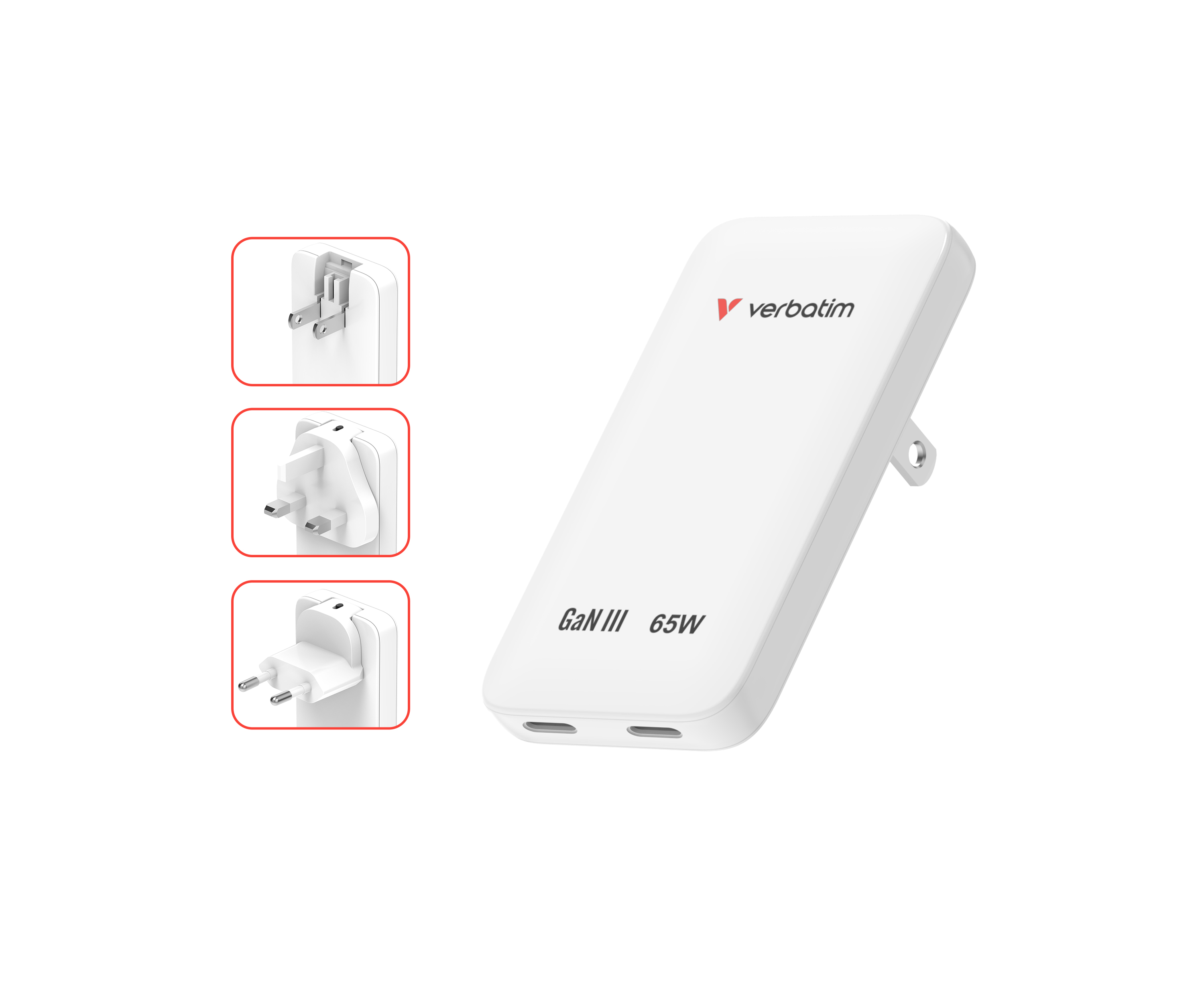 VERBATIM Essentials Slim GaN nabíječka 65W US/EU/UK - 2x USB-C PD 65W - bílá