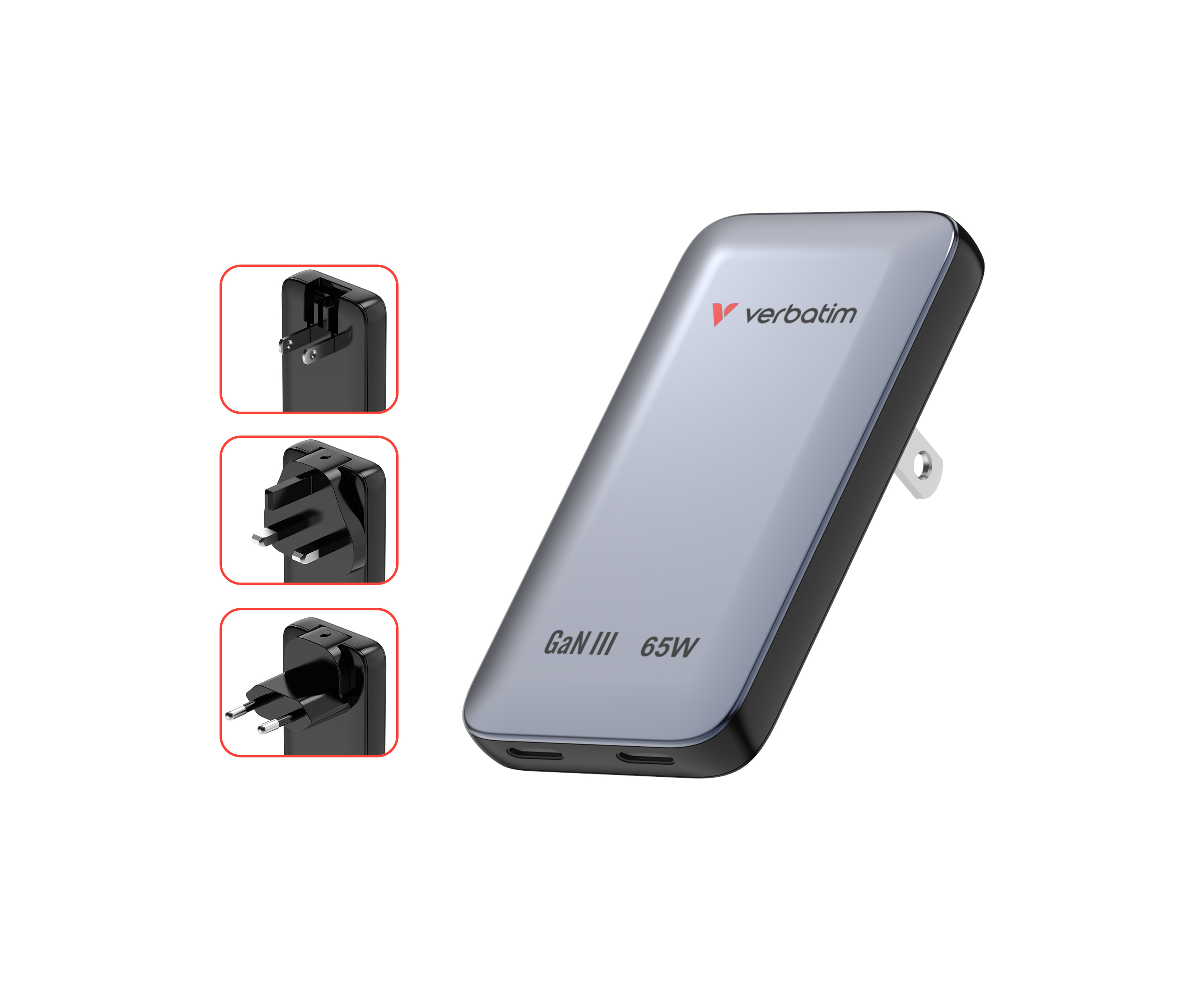 VERBATIM Essentials Slim GaN nabíječka 65W US/EU/UK - 2x USB-C PD 65W - černá