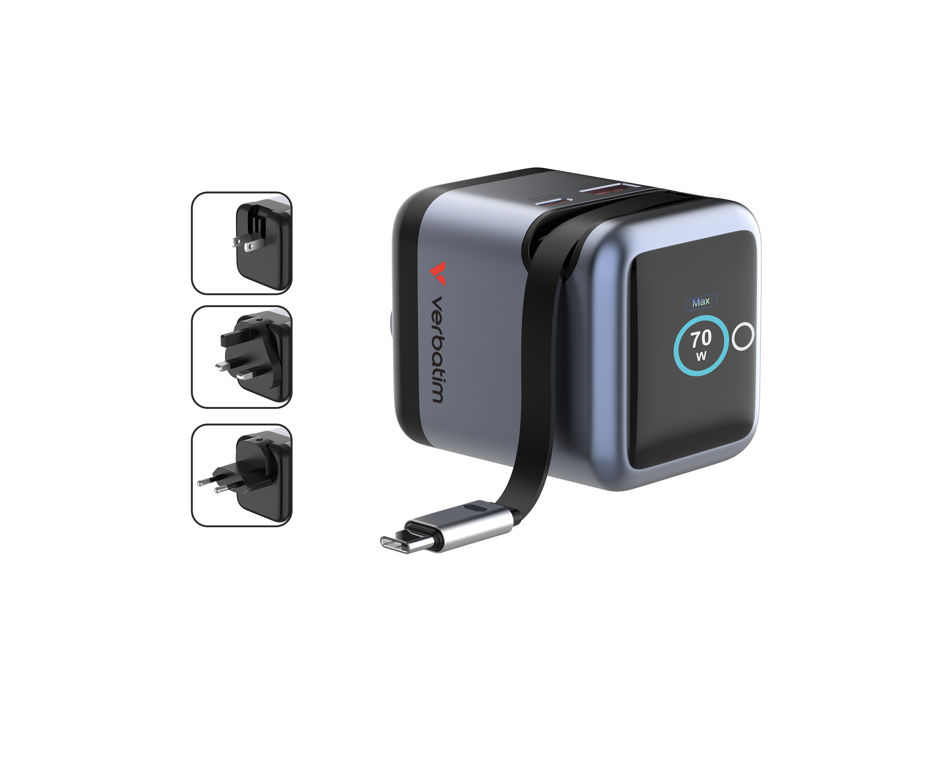 VERBATIM GaN-70 Mini GaN nabíječka 70W s displejem a integrovaným kabelem - 2x USB-C PD 70W / 1x USB-A QC 3.0