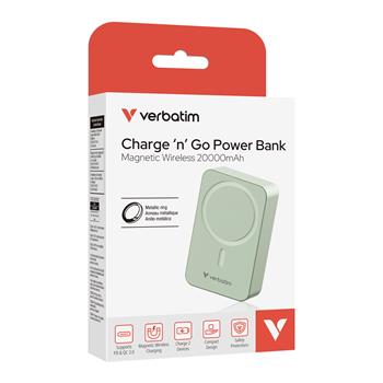 VERBATIM POWERBANKA 20000 mAh - Charge n Go Essentials, bezdrtov/MagSafe, USB-C, zelen